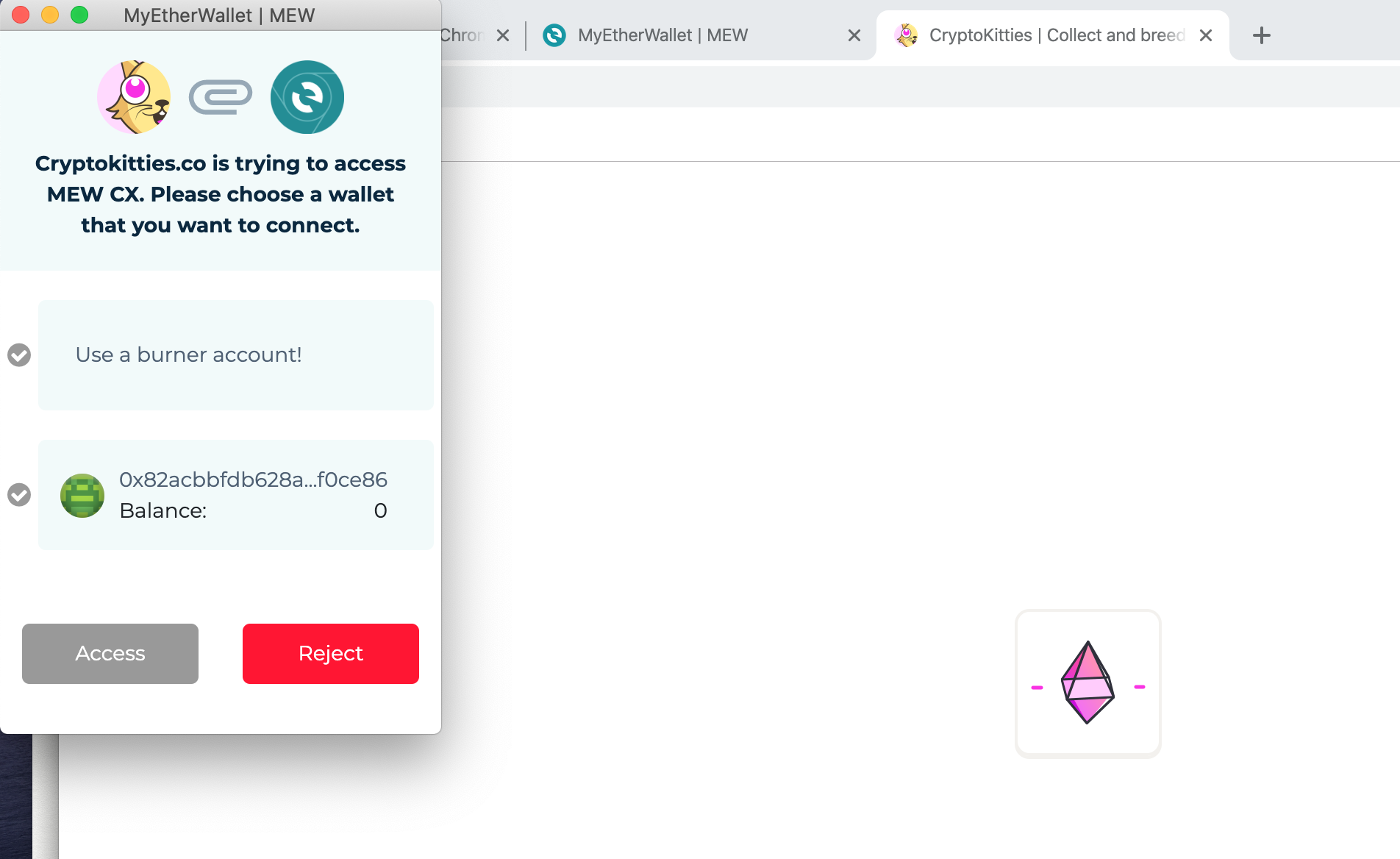 Image of MEW CX connecting to a Dapp, Web3