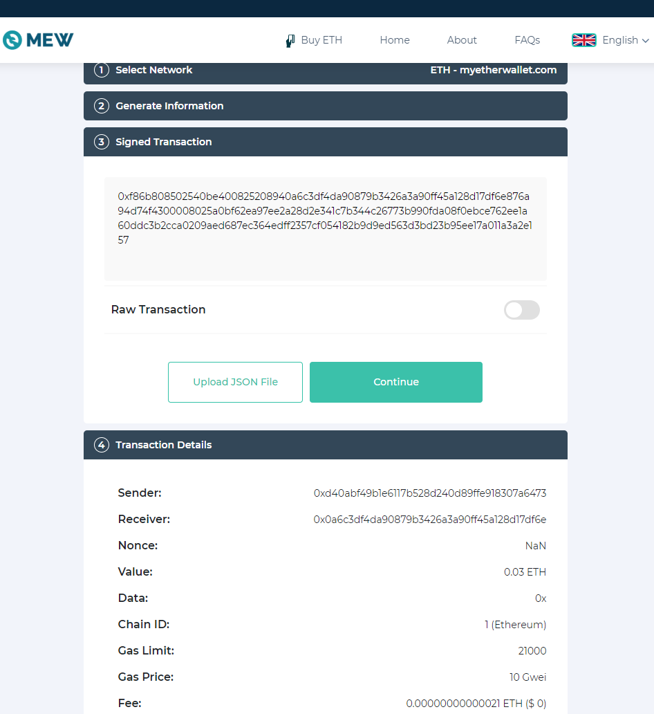 Image of MEW offline transaction details